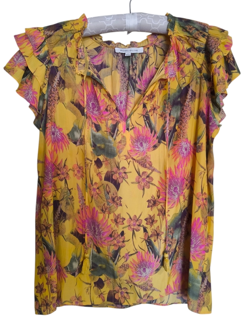 Rose & Olive Yellow Tropical Floral Ruffle Sleeve Blouse Size Small